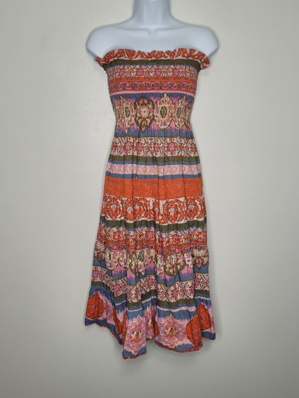 She's Cool boho strapless smocked boho mixed print midi funky artsy dress large
